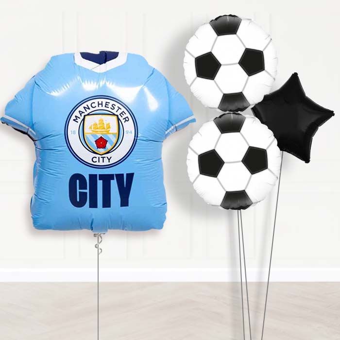 Manchester City Football Shirt Balloon Bouquet Delivery-Giant Balloon + 2 Themed Balloons + 1 Plain Balloon 