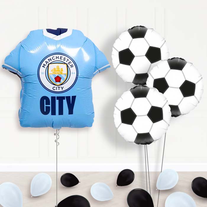 Manchester City Football Shirt Balloon Bouquet Delivery - 1 x Giant Balloon with Themed Bouquet and Latex | Party Save Smile