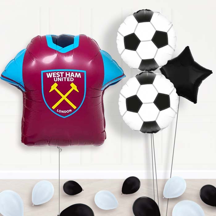 West Ham Football Shirt Balloon Bouquet Delivery-Giant Balloon + 2 Themed Balloons + 1 Plain Balloon + Mini Balloons 