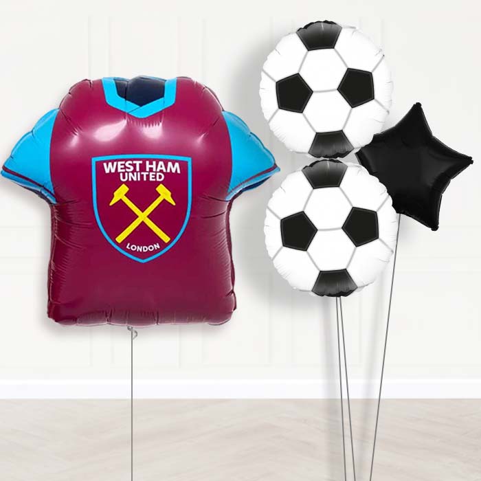 West Ham Football Shirt Balloon Bouquet Delivery-Giant Balloon + 2 Themed Balloons + 1 Plain Balloon 