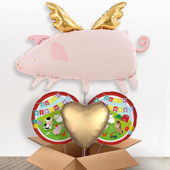 Flying Pig Giant Helium Balloon in a Box-Giant Balloon + 2 Themed Balloons + 1 Plain Balloon | Party Save Smile