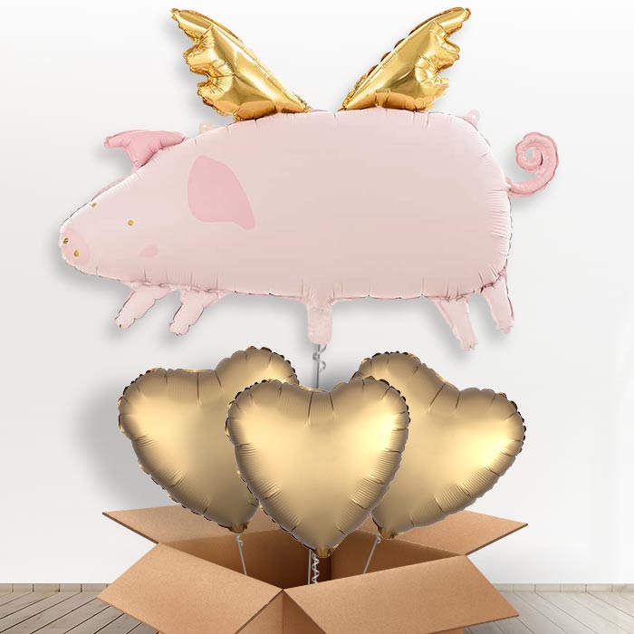 Flying Pig Giant Helium Balloon in a Box-Giant Balloon + 3 Plain Balloons | Party Save Smile