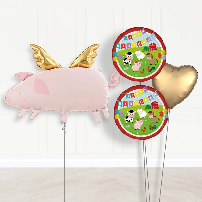 Flying Pig Balloon Bouquet Delivery-Giant Balloon + 2 Themed Balloons + 1 Plain Balloon | Party Save Smile