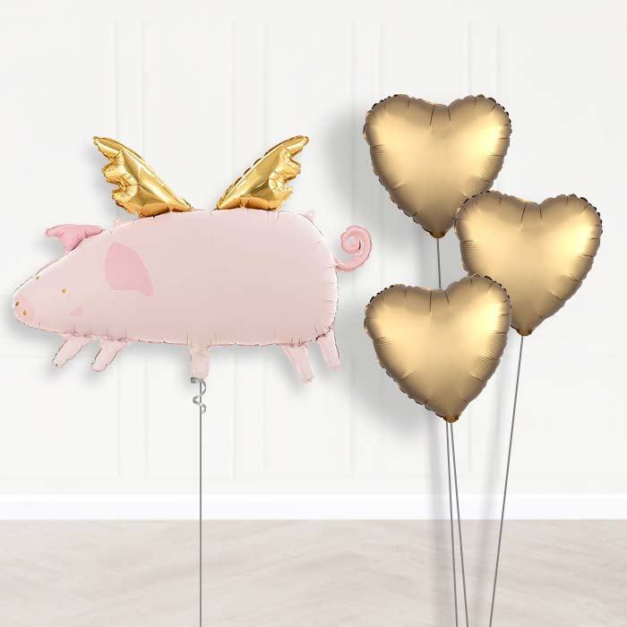 Flying Pig Balloon Bouquet Delivery-Giant Balloon + 3 Plain Balloons | Party Save Smile