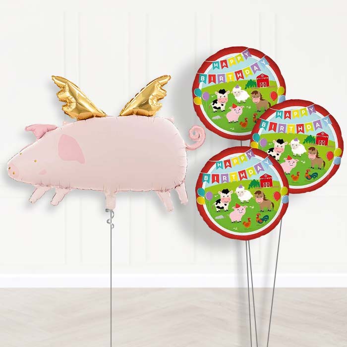 Flying Pig Balloon Bouquet Delivery-Giant Balloon + 3 Themed Balloons | Party Save Smile
