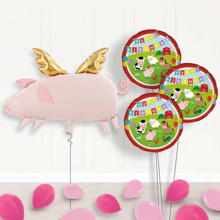 Flying Pig Balloon Bouquet Delivery-Giant Balloon + 3 Themed Balloons + Mini Balloons | Party Save Smile
