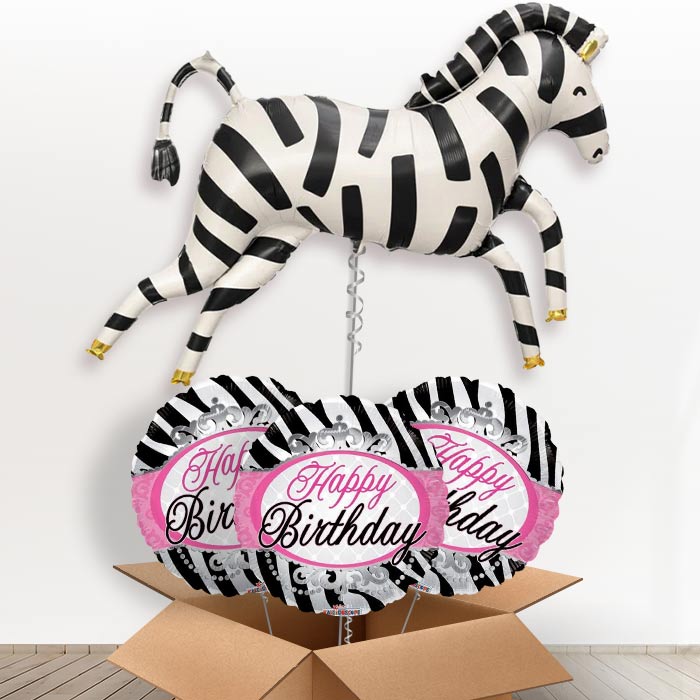 Zebra Shaped Helium Filled Balloon in a Box - with 3 Themed Balloons | Party Save Smile