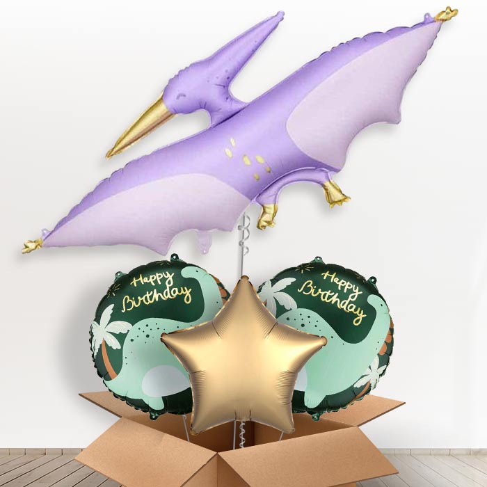 Purple Pterodactyl Giant Helium Balloon in a Box-Giant Balloon + 2 Themed Balloons + 1 Plain Balloon | Party Save Smile