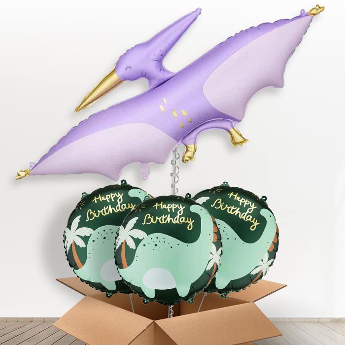 Purple Pterodactyl Giant Helium Balloon in a Box-Giant Balloon + 3 Themed Balloons | Party Save Smile