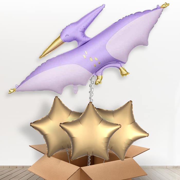 Purple Pterodactyl Giant Helium Balloon in a Box-Giant Balloon + 3 Plain Balloons | Party Save Smile