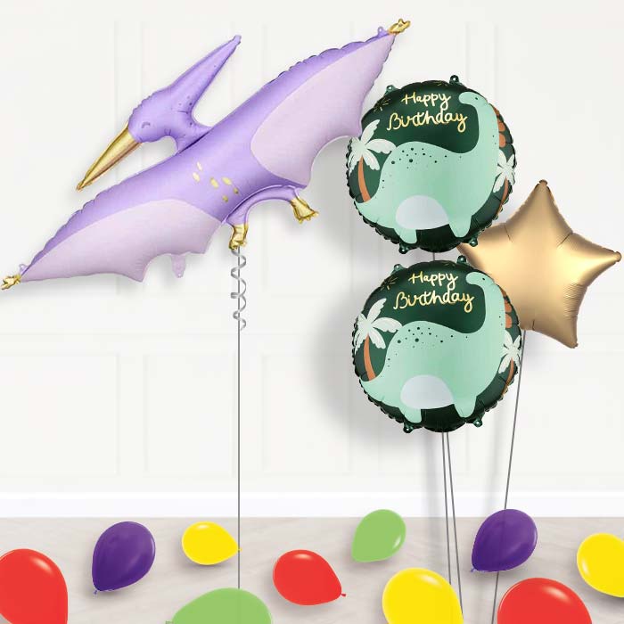 Purple Pterodactyl Balloon Bouquet Delivery-Giant Balloon + 2 Themed Balloons + 1 Plain Balloon + Mini Balloons | Party Save Smile