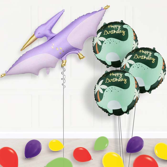 Purple Pterodactyl Balloon Bouquet Delivery-Giant Balloon + 3 Themed Balloons + Mini Balloons | Party Save Smile