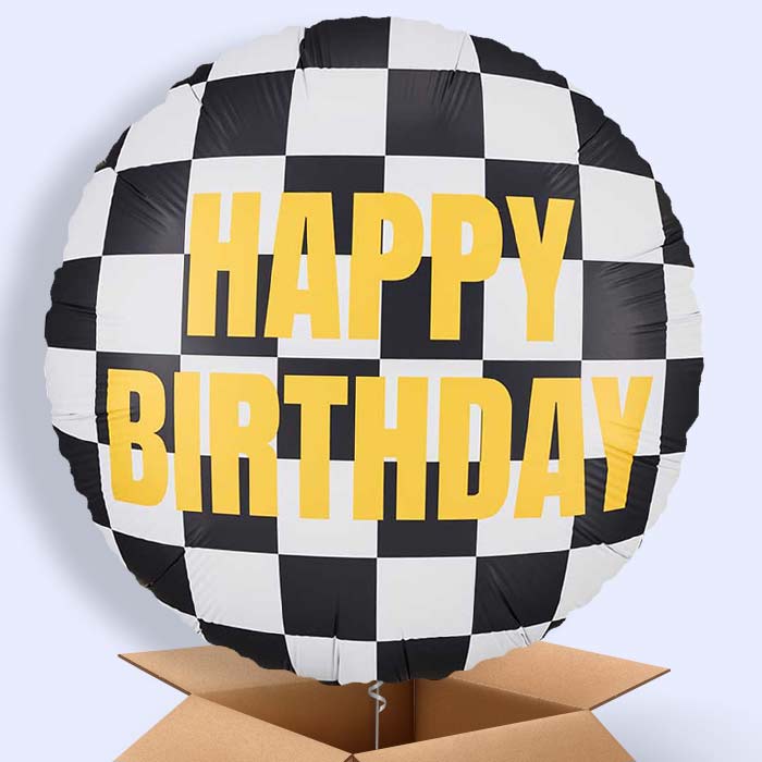 Chequered Flag Happy Birthday Helium Balloon in a Box - 1 Balloon | Party Save Smile