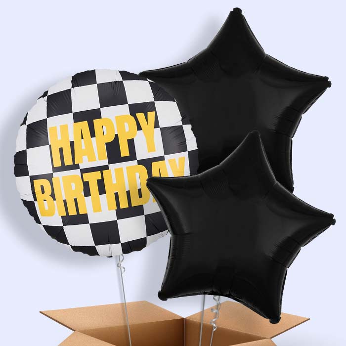 Chequered Flag Happy Birthday Helium Balloon in a Box - 3 Balloons | Party Save Smile