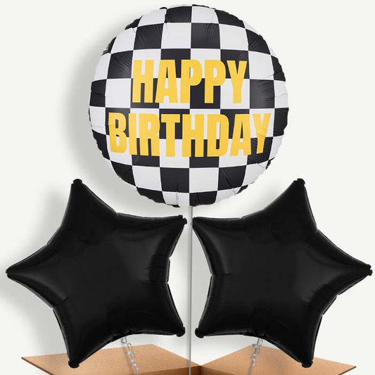Chequered Flag Happy Birthday Bunch of Balloons (Trio) | Party Save Smile