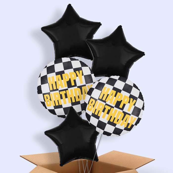 Chequered Flag Happy Birthday Helium Balloon in a Box - 5 Balloons | Party Save Smile