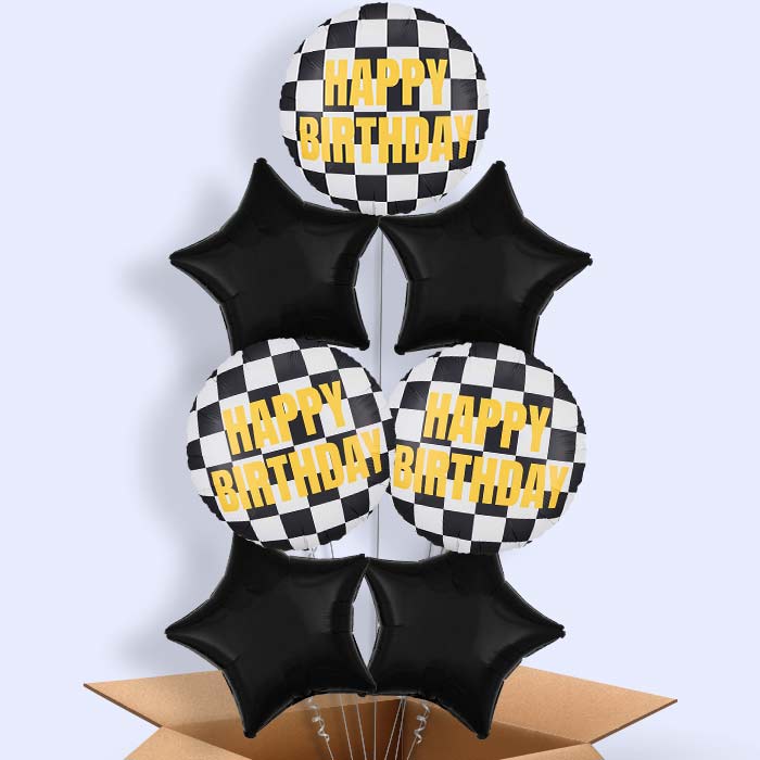 Chequered Flag Happy Birthday Helium Balloon in a Box - 7 Balloons | Party Save Smile