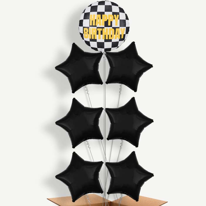 Chequered Flag Happy Birthday 7 Helium Balloon Arrangement | Party Save Smile