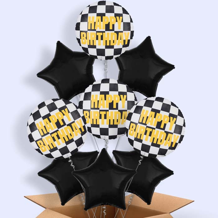 Chequered Flag Happy Birthday Helium Balloon in a Box - 9 Balloons | Party Save Smile