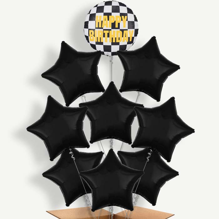 Chequered Flag Happy Birthday 9 Helium Balloon Bundle | Party Save Smile