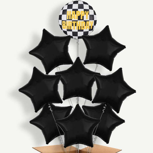 Chequered Flag Happy Birthday 9 Helium Balloon Bundle | Party Save Smile