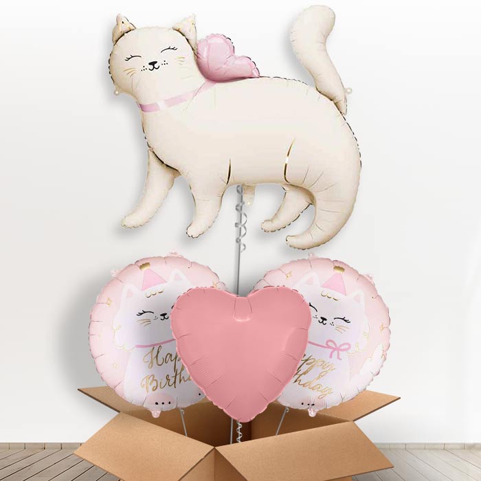 White Kitty Giant Helium Balloon in a Box-Giant Balloon + 2 Themed Balloons + 1 Plain Balloon | Party Save Smile