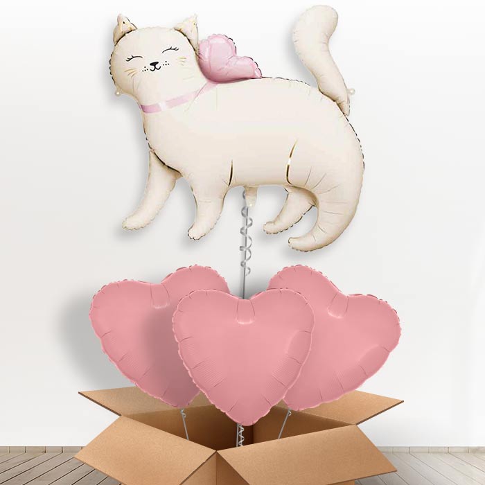 White Kitty Giant Helium Balloon in a Box-Giant Balloon + 3 Plain Balloons | Party Save Smile