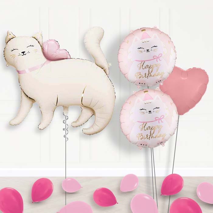 White Kitty Balloon Bouquet Delivery-Giant Balloon + 2 Themed Balloons + 1 Plain Balloon + Mini Balloons | Party Save Smile