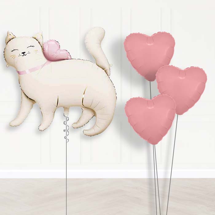 White Kitty Balloon Bouquet Delivery-Giant Balloon + 3 Plain Balloons | Party Save Smile