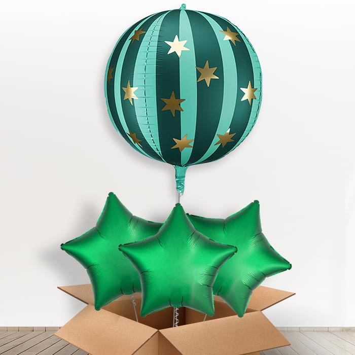 Green Starry Circus Globe Giant Helium Balloon in a Box-Giant Balloon + 3 Plain Balloons | Party Save Smile