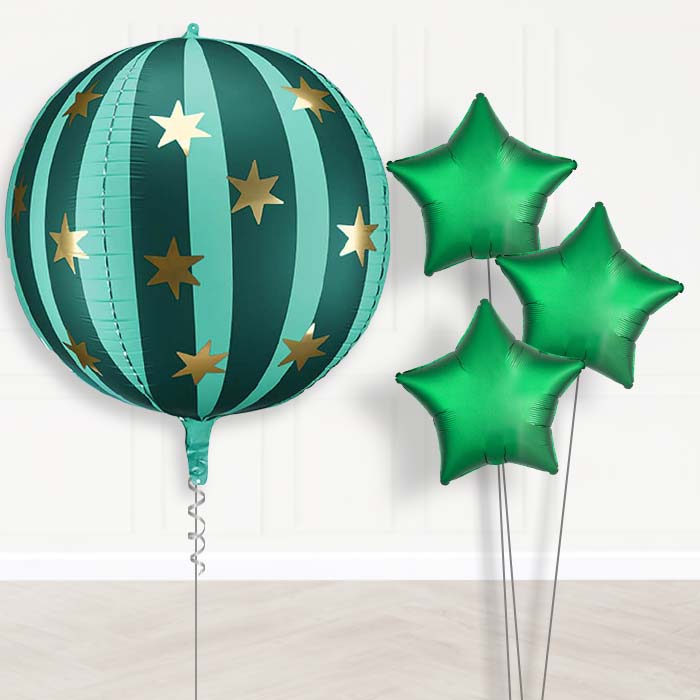 Green Starry Circus Globe Balloon Bouquet Delivery-Giant Balloon + 3 Plain Balloons | Party Save Smile