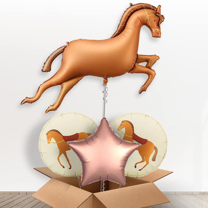 Bronze Brown Horse Giant Helium Balloon in a Box-Giant Balloon + 2 Themed Balloons + 1 Plain Balloon | Party Save Smile