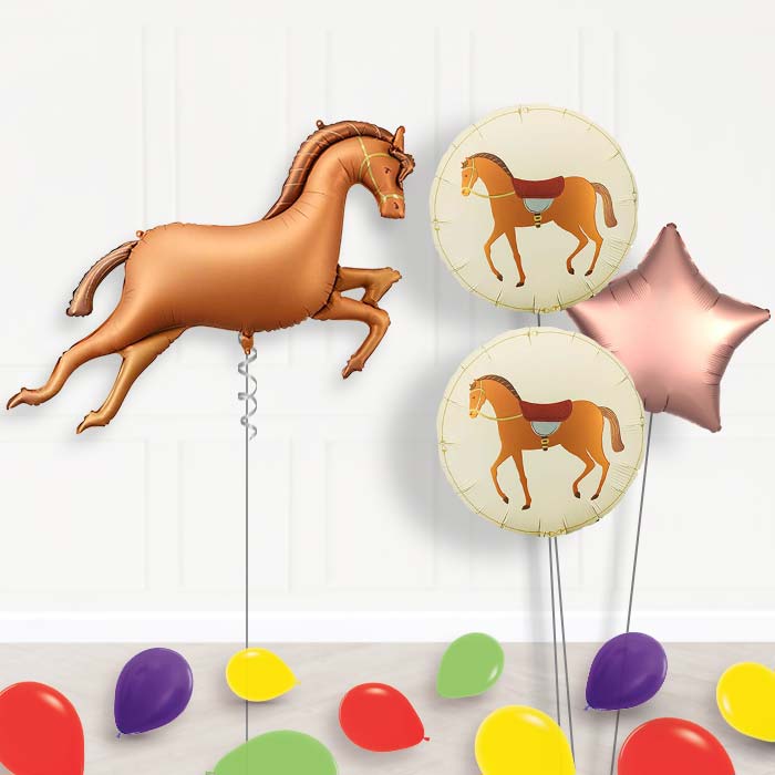 Bronze Brown Horse Balloon Bouquet Delivery-Giant Balloon + 2 Themed Balloons + 1 Plain Balloon + Mini Balloons | Party Save Smile