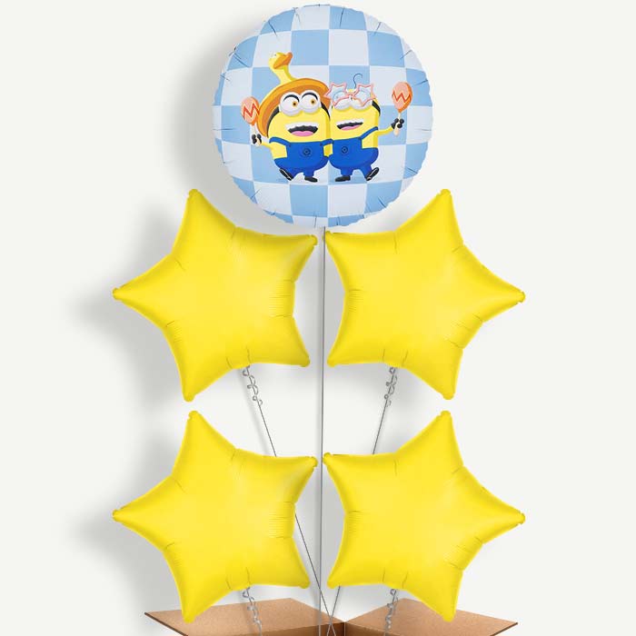 Minions Checkered Print 5 Helium Cluster Balloons | Party Save Smile