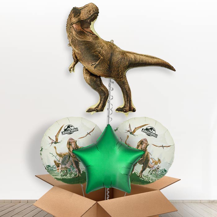 Jurassic World T-Rex Giant Helium Balloon in a Box-Giant Balloon + 2 Themed Balloons + 1 Plain Balloon | Party Save Smile