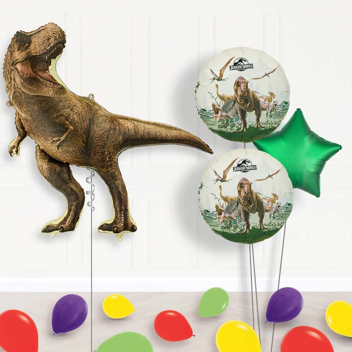 T-Rex Jurassic World Balloon Bouquet Delivery-Giant Balloon + 2 Themed Balloons + 1 Plain Balloon + Mini Balloons | Party Save Smile
