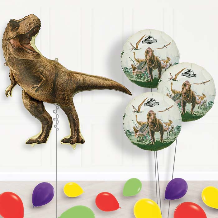 T-Rex Jurassic World Balloon Bouquet Delivery-Giant Balloon + 3 Themed Balloons + Mini Balloons | Party Save Smile
