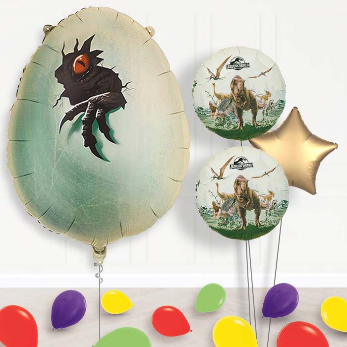 Jurassic World Dinosaur Egg Balloon Bouquet Delivery-Giant Balloon + 2 Themed Balloons + 1 Plain Balloon + Mini Balloons | Party Save Smile