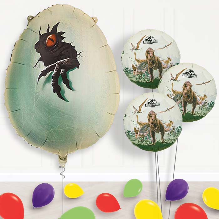 Jurassic World Dinosaur Egg Balloon Bouquet Delivery-Giant Balloon + 3 Themed Balloons + Mini Balloons | Party Save Smile