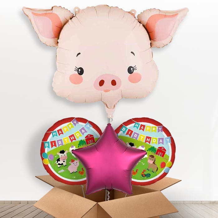 Pink Pig Head Giant Helium Balloon in a Box-Giant Balloon + 2 Themed Balloons + 1 Plain Balloon | Party Save Smile