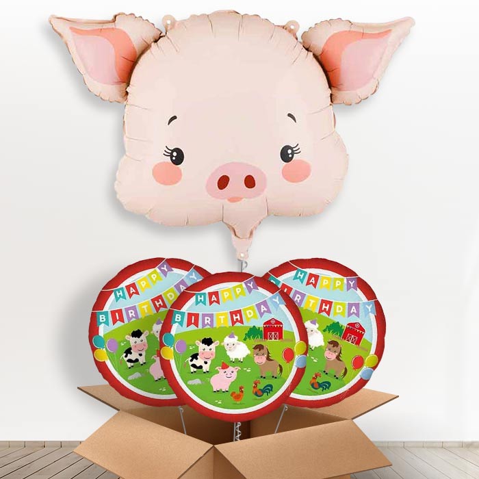 Pink Pig Head Giant Helium Balloon in a Box-Giant Balloon + 3 Themed Balloons | Party Save Smile