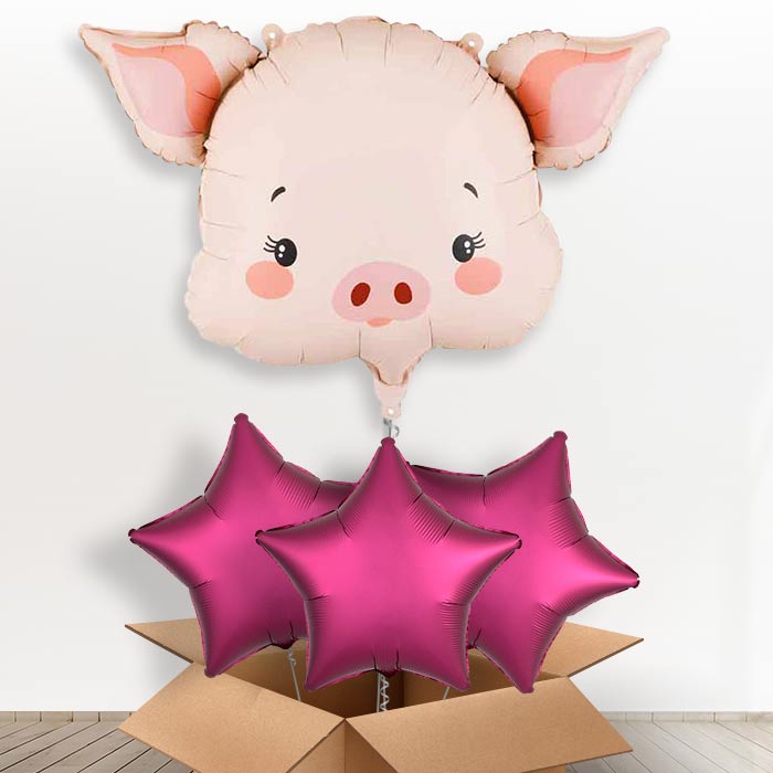 Pink Pig Head Giant Helium Balloon in a Box-Giant Balloon + 3 Plain Balloons | Party Save Smile