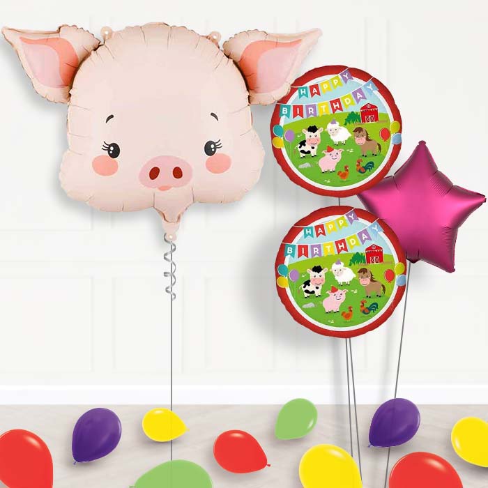 Pink Pig Head Balloon Bouquet Delivery-Giant Balloon + 2 Themed Balloons + 1 Plain Balloon + Mini Balloons | Party Save Smile