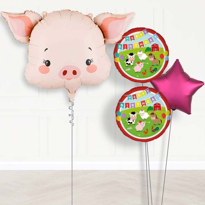 Pink Pig Head Balloon Bouquet Delivery-Giant Balloon + 2 Themed Balloons + 1 Plain Balloon | Party Save Smile