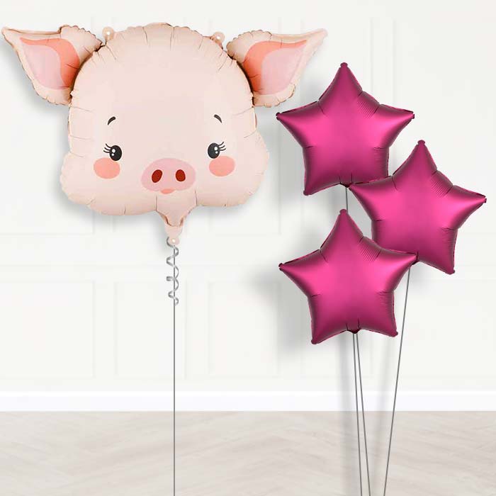 Pink Pig Head Balloon Bouquet Delivery-Giant Balloon + 3 Plain Balloons | Party Save Smile