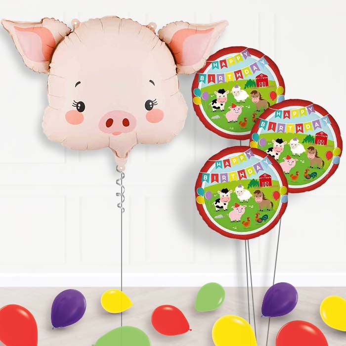 Pink Pig Head Balloon Bouquet Delivery-Giant Balloon + 3 Themed Balloons + Mini Balloons | Party Save Smile
