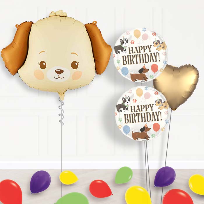 Cream Dog Balloon Bouquet Delivery-Giant Balloon + 2 Themed Balloons + 1 Plain Balloon + Mini Balloons | Party Save Smile