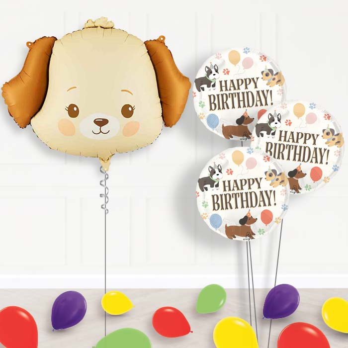 Cream Dog Balloon Bouquet Delivery-Giant Balloon + 3 Themed Balloons + Mini Balloons | Party Save Smile
