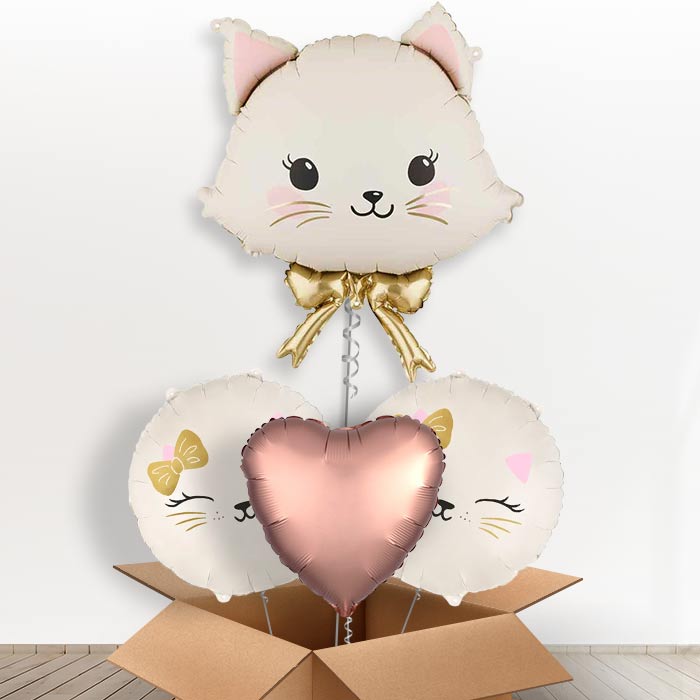 White Cat with Bow Giant Helium Balloon in a Box-Giant Balloon + 2 Themed Balloons + 1 Plain Balloon | Party Save Smile
