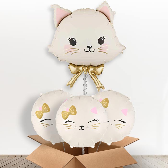 White Cat with Bow Giant Helium Balloon in a Box-Giant Balloon + 3 Themed Balloons | Party Save Smile